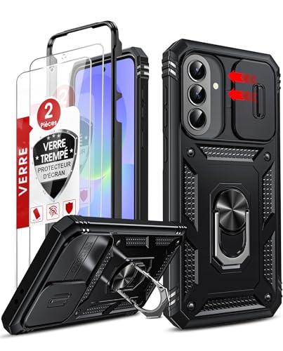 LeYi Coque pour Samsung Galaxy A37 / A 37 5G avec 2*Verre Trempé+Anneau Support, Full Protection de la Caméra en PC Dur Anti-Chut Renforcée Armor Heavy Duty...