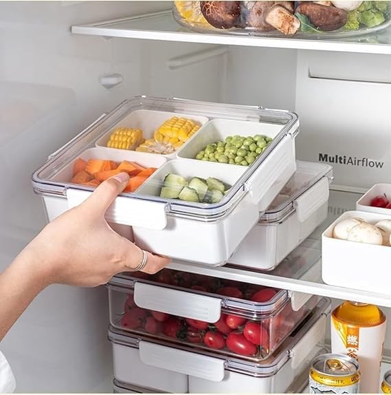 ERITIN Polypropylene Storage Serving Trays for Divided Veggie Tray with Lid Sealed Sectioned Snack Serving Platter Storage with 4 Compartments Snackle Box (Beige) 1