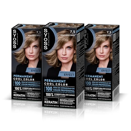 Syoss Permanent Color Tono 7.5 Rubio Medio Ceniza, Tinte para Pelo Mujer, Cobertura Profesional de Canas, Color Duradero y Cuidado Profundo, Incluye Mascarilla Intensiva con Keratina, Pack de 3