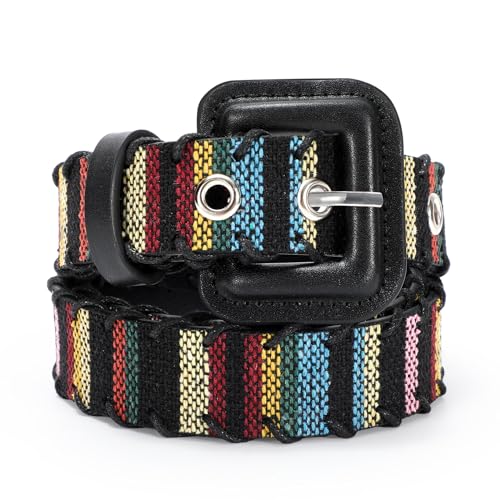 Woven Multicolor Belt for Women Boho Waist Belt with Square Buckle