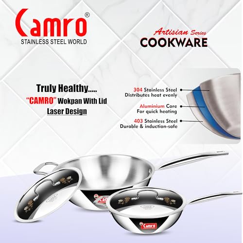 Image of Camro Triply Artisian Wok Pan with Lid 32 Cm, 6.7 Liters | Heavy-Duty Kadai for Noodles, Fried Rice Perfect Grip Traditional Chinese Cooking | Dishwasher Safe | 6 Years Warranty