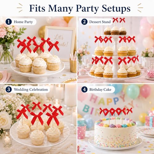 Oeyliz Red Bow Cupcake Toppers Bow Cake Topper Decorations 24 PCS Red Bows Cupcake Toppers Birthday Party Decorations Cake Bow Cupcake Topper for Baby Shower Birthday Wedding Bridal Party Supplies — view 6