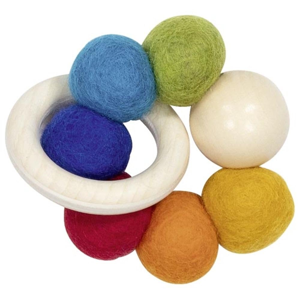 goki baby 65355 Hochet élastique arc-en-ciel en bois et feutre de laine, boules en bois colorées, favorise le réflexe de préhension et soutient le processus de développement, fabriqué en Allemagne, 9