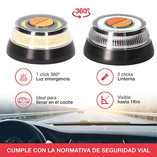 Infografía mostrando las funcionalidades de la luz de emergencia V16 PMK GRUPO, visibles hasta 1 km, luz rotativa y linterna