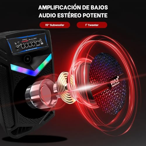 Pyle Sistema de Altavoces, PA, 1200W, Bluetooth, portatil, Recargable, Exteriores, subwoofer de 15”, Tweeter de 1”, función de grabación, micrófono, Luces de Fiesta, Radio USB/SD, Color Negro - imagen 2