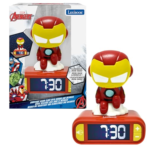 LEXIBOOK, Marvel Iron Man, Reloj Despertador con luz Nocturna Iron Man, Sonidos y melodías, Pantalla LCD retroiluminada, Luminoso, Snooze, RL800AV2
