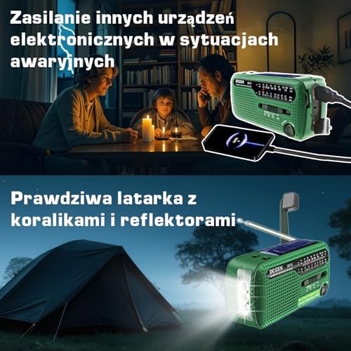 DEGEN DE13 Wind Up Radio korbowe solarne FM AM SW awaryjne radio pogodowe latarka SOS alarm ładowalny telefon komórkowy do użytku awaryjnego i na zewnątrz zielony