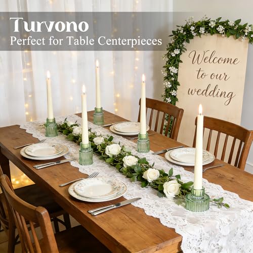 Turvono ヴィンテージリブグリーンガラスキャンドルホルダー12個セット、3つのサイズのピラー、ティーライト&ボーティブホルダー、エレガントなグリーンキャンドルスティックホルダー テーブルセンターピース&棚の装飾用 [4]