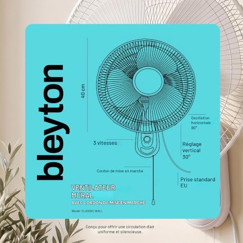 BLEYTON Ventilateur Mural Silencieux 40W Blanc Classic Wall | Ventilateur avec Cordon de Commande, Oscillation 90° et Inclinaison Verticale 30° | Idéal pour Maison, Bureau, Chambre, Classe et Commerce – vue 9