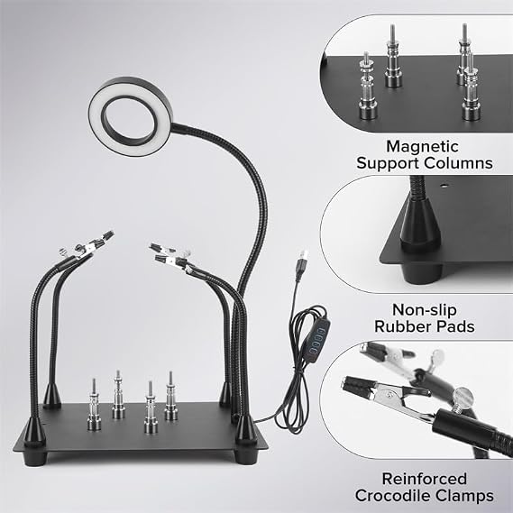 Helping Hands Soldering Station, Third Hand Soldering Tool with 6X Hd Magnifying Glass Dimmable Led, Flexible Helping Hands Soldering for Welding, Repair, Hobby, Electronics and Soldering Tasks