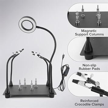 Helping Hands Soldering Station, Third Hand Soldering Tool with 6X Hd Magnifying Glass Dimmable Led, Flexible Helping Hands Soldering for Welding, Repair, Hobby, Electronics and Soldering Tasks