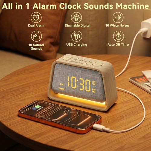 Image of Vivilumens Dual Alarm Clock Wooden 20 White Noise Sound Machine Gentle Wake Up Light for Adults Sleeping Digital Dimmable Night Light Bedside Lamp Sunrise Alarm Clock for Bedroom Gift for Mom Girls