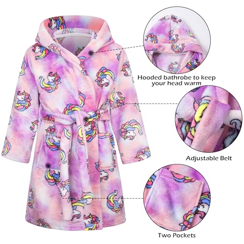 FILOWA Bademantel Kinder Mädchen Kinderbademantel mit Kapuze, Flanell Flauschig Morgenmantel Kuschelig Lang Roben Weich Dressing Gown Warm Pyjama Gr.110-116, Lila Einhorn