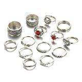 Prevently Stapel Blau Ringe 14 Stück/Set Set Silber-Ringe Bohemian Women Vintage-Rings Gruppen Ringe Körper