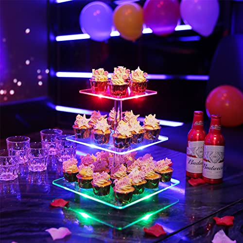 Tangshuo 3 Tiers Square Acrylic Cupcake Stands With Rechargeable Led Light, Clear Cupcake Tower - Dessert Tower - Cupcake Tier Stands For Weddings, Anniversaries, Baby Showers, Birthday Parties #TOP5