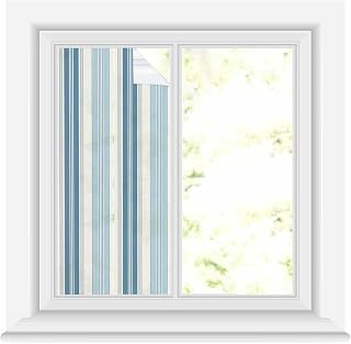 Blue Striped Window Privacy Film Decorative Stained Glass Window Film Modern Farmhouse Stripes Grey Static Windows Clings Sticker for Glass Door, 17.7"x39" Blackout Shades Windows Cover