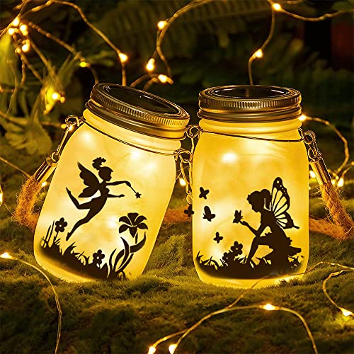 HIQE-FL 2 lanterna solare da appendere, per esterni, impermeabile, da giardino, per esterni, fata delle farfalle in barattolo di vetro, lampada solare da giardino, impermeabile, da appendere (A)