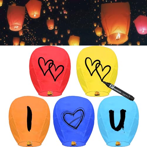 Paquete de 5 faroles chinos de cielo para liberar en el cielo, multicolor, faroles de papel resistentes al fuego para conmemoración, linternas voladoras biodegradables de alta calidad ecológicas para