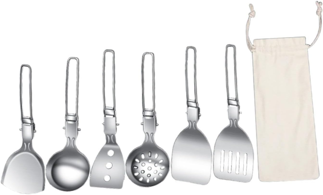 7Pcs Camp Cooking Utensils Set, 304 Stainless Steel Folding Kitchen Utensil Set for Outdoor Camping, Portable Cookware Kit with Storage Bag