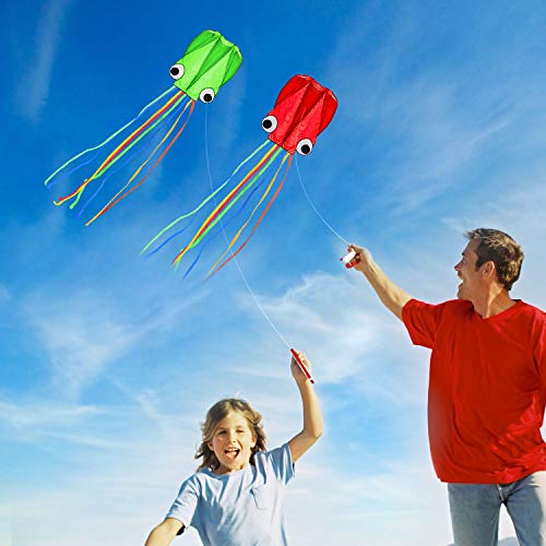 Singare Large Octopus Kites, Long Tail Beautiful Easy Flyer Kites Beach Kites, Good Kites For Kids And Adults Easy To Fly(Red+Green) #TOP4