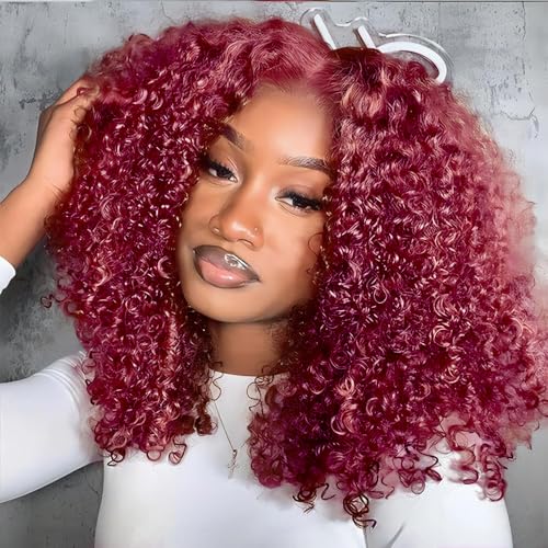 Burgundy Wig Human Hair 13x4 Deep Wave Lace Front Wigs Human Hair Pre Plucked 250% Density 99j Burgundy Lace Frontal Wigs Wet and Wavy Curly Wig for Women (18 Inch)