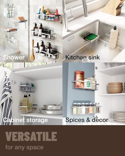Image of Veken Adhesive Shower Caddy 5-Pack,Heavy Weight Bearing,Large Wall Mounted Shower Shelves Rack,Organizer Storage Accessories with Soap Dish&Toothbrush Holder,Ideal for Bathroom,Home&Kitchen,Silver