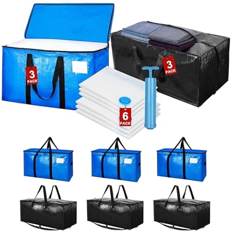 12 Pack Heavy Duty Moving Bags & Large Vacuum Storage Bags Moving Supplies Combo,Space Saving Waterproof Storage Bags for Clothes,with Zipper & Handles,Fold Flat,Alternative to Moving Boxes Cover