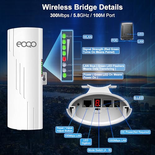 Puente inalámbrico exterior 5.8GHz Punto a Punto PTP/PTMP Plug & Play CPE Red 300Mbps Extensor WiFi de Largo Alcance 1.2ML con antena de alta ganancia 12DBI, adaptador de alimentación POE miniatura 3