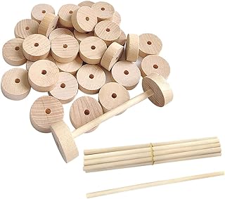 30 Pcs Unfinished Wooden Wheels Small Craft Wheels Flat Model Car Wheels Wood Crafting Supplies with 15 Pcs Wooden Sticks