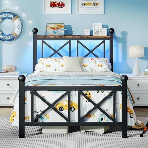 Twin Size Black Metal Bed Frame with LED Lights