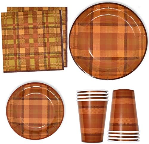Fall Orange & Brown Plaid Party Supplies Tableware Set 24 9" Paper Dinner Plates 24 7" Plate 24 9 Oz. Cups 24 Lunch Napkins for Thanksgiving Autumn Harvest Check Disposable Dinnerware Decorations