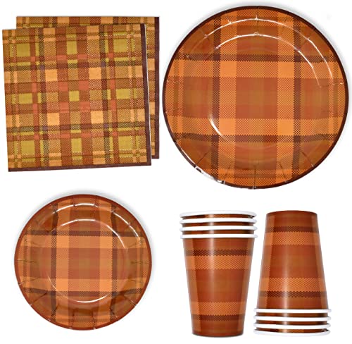 Fall Orange & Brown Plaid Party Supplies Tableware Set 24 9" Paper Dinner Plates 24 7" Plate 24 9 Oz. Cups 24 Lunch Napkins For Thanksgiving Autumn Harvest Check Disposable Dinnerware Decorations #TOP28