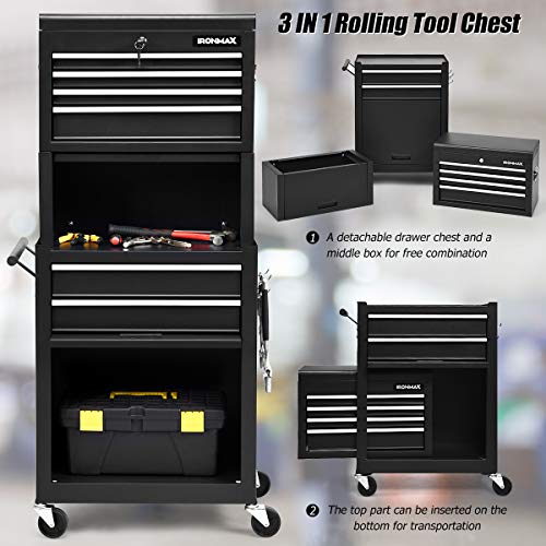 Ironmax 6-Drawer Tool Cabinet On Wheels, Lockable 3 In 1 Heavy Duty Toolbox Organizer W/ 4 Universal Wheels & Hooks, Detachable Metal Tool Chest For Garage, Warehouse, Repair Shop (Black) #TOP5