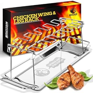 Mountain Grillers Chicken Leg Rack for Grill - Hold 12 Legs, Chicken Wings, Thighs, Drumsticks, BBQ Grill Chicken Rack with Locking Mechanism & Deep Drip Oven Tray for Smoker Premium Stainless Steel