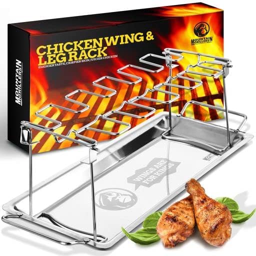 Mountain Grillers Chicken Leg Rack for Grill - Hold 12 Legs, Chicken Wings, Thighs, Drumsticks, BBQ Grill Chicken Rack with Locking Mechanism & Deep Drip Oven Tray for Smoker Premium Stainless Steel