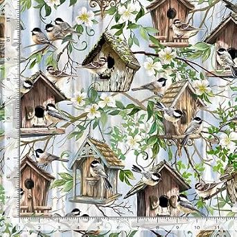 FlashPhoenix Quality Sewing Fabric Chickadee Birdhouse Fabric Bird Digital Cotton by The Yard Size 36" x 44"