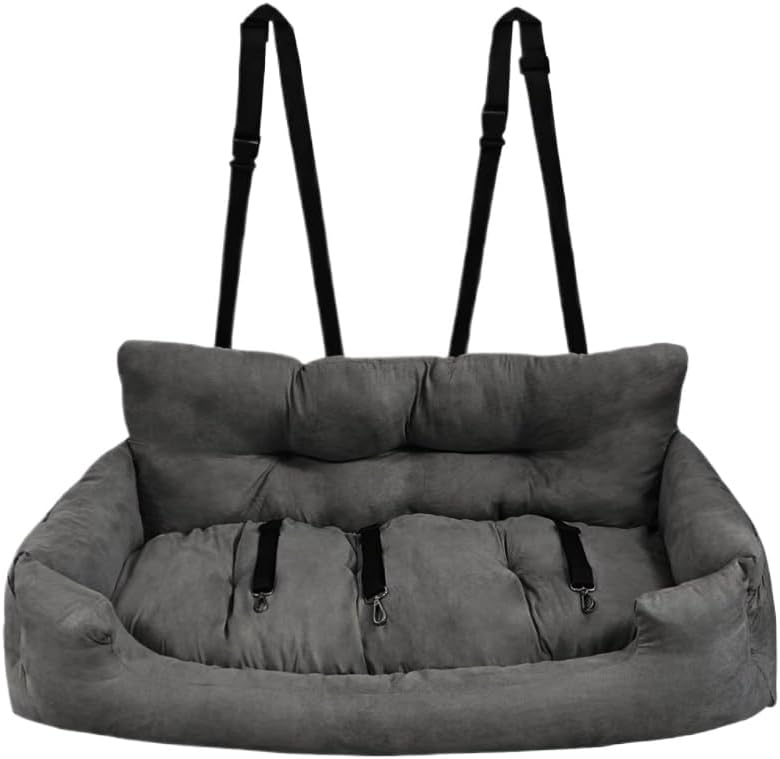 Dog Car Seat, Safe Cozy Travel Bed Carrier with Clip-On Leash, Storage Pockets, Water-Resistant & Machine Washable for Puppies(Dark Grey 3 Seat)