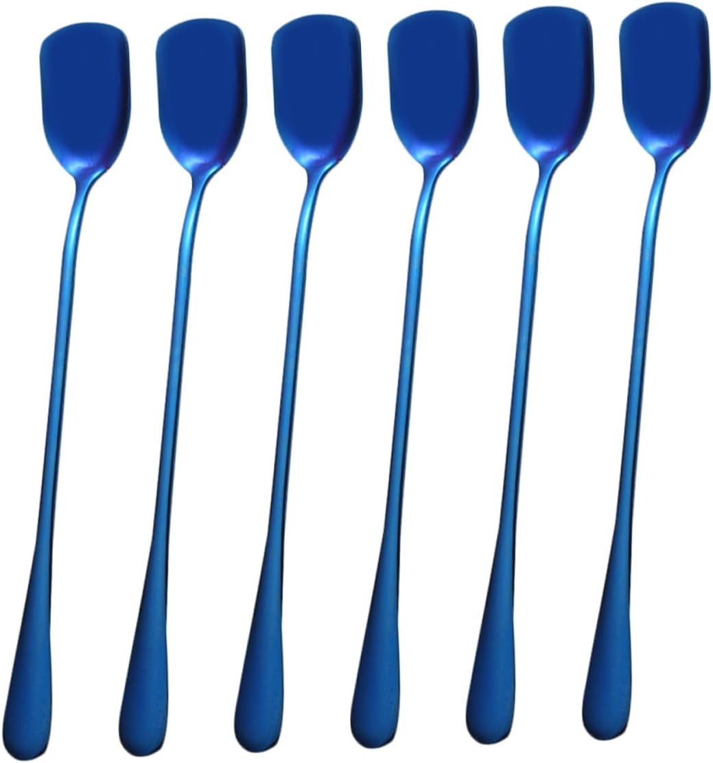 6pcs Stainless Steel Ice Cream Scoops and Long Handle Stirring Spoons Blue Set for Cocktail Mixing and Iced Tea Use