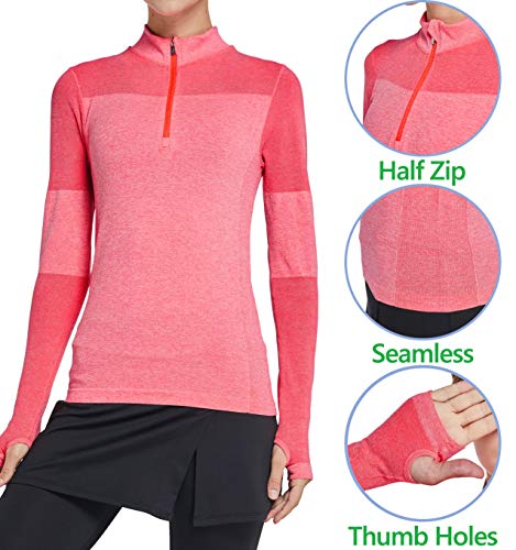 slimour Women Quarter Zip Pullover Running Shirts Long Sleeve Activewear Tops Tight Workout Orange M