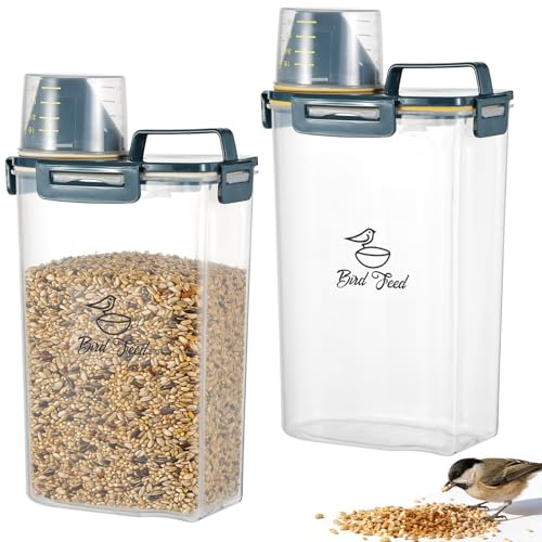 HFYZZ 2 Pcs 3.17 Qt-3 L Bird Seed Storage Container Airtight- Portable Bird Food Container with Airtight Measuring Cup, Clear Pet Parrot Seed Dispenser for Birds Food Chicken Feed Storage, Blue Lid