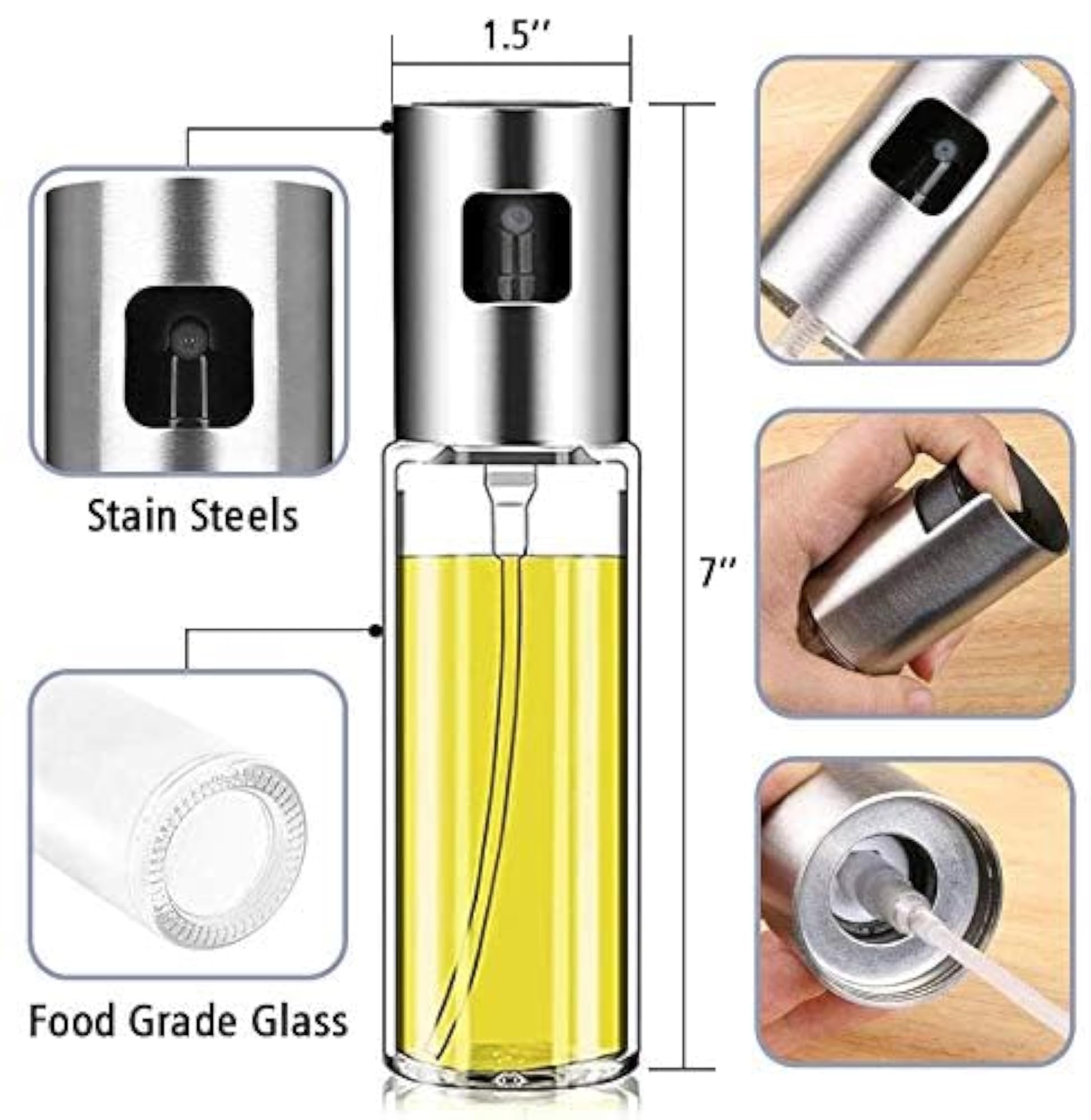 Oil Sprayer and Dispenser Bottle for Cooking with Stainless Steel Nozzle