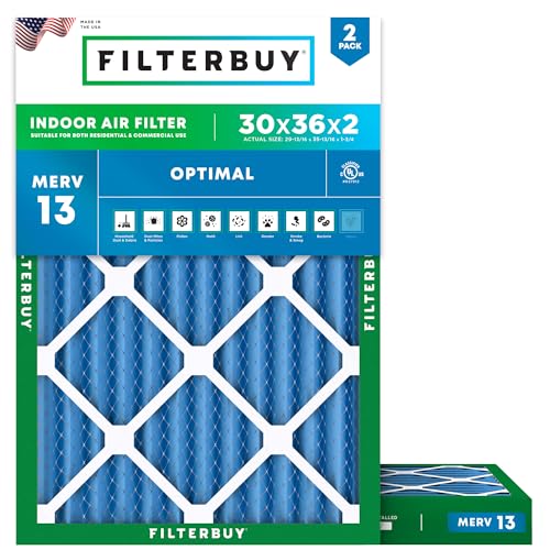 Filterbuy 30x36x2 Air Filter MERV 13 Optimal Smoke & Allergy Defense (2-Pack), Electrostatic Pleated HVAC AC Furnace Filters Replacement, Made in USA (Actual Size: 29.81 x 35.81 x 1.75)