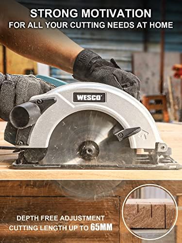 Circular Saw, WESCO Skill Saw 1400W Electric Saw 5800RPM, 24T/48T 185mm Circular Saw Blade, Saw Blade with Height/Angle Adjustment Facility 65mm(90°), 45mm(45°) Electric Saw for Cutting Wood, Tile etc