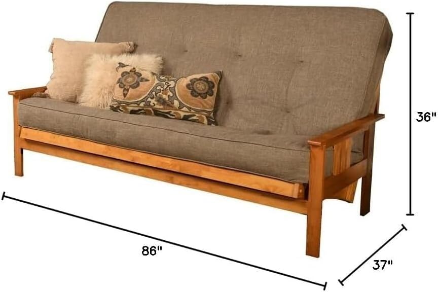Futon Frame Set with Mattress - Foldable Hardwood Sofa Bed for Living Room Linen Stone/Queen Frame Without Storage Drawers