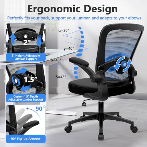 Image of KLASIKA Desk Chairs with Wheels, Ergonomic Mesh Back Home Office Chair Adjustable Lumbar Support & Height Swivel Rolling Computer Task Chairs with Flip Up Armrests for Conference Meeting, Black, 10PK