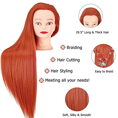 Mannequin Head with Hair, TopDirect 29.5\" Red Hair Mannequin Manikin Head Hair Practice Cosmetology Hair Doll Head Styling Hairdressing Training Braiding Heads with Clamp Holder and Tools - Thumbnail 3