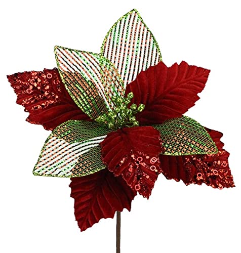 Craig Bachman Christmas Decorating Red Lime Green Velvet & Foil Floral Pick (11" Long), Add on for Wreaths and Trees