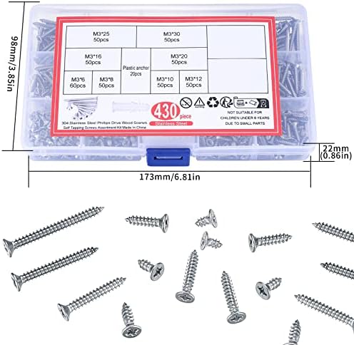 430 Pcs Flat Head Self-Tapping Screws Assortment Kit, M3 Stainless Steel Cross Head Self-Drilling Wood Screws, Including 20 Pcs Plastic Screws Anchors - 6mm/8mm/10mm/12mm/16mm/20mm/25mm/30mm
