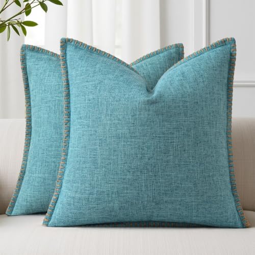 decorUhome Teal Faux Linen Outdoor Throw Pillow Covers 18x18 Set of 2