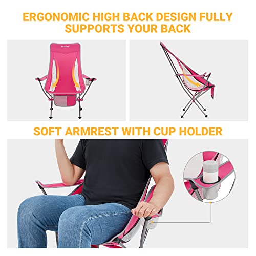Kingcamp Compact Camping Chair With Armrest Ultralight High Back Backpacking Chairs For Adults Lightweight Folding Chair Heavy Duty Support 265 Lbs Portable For Traveling, Lawn, Festival, Pink #TOP3